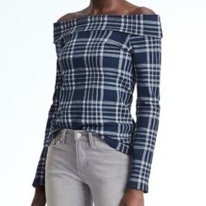 Banana Republic off the shoulder blue plaid top size small spring cottagecore